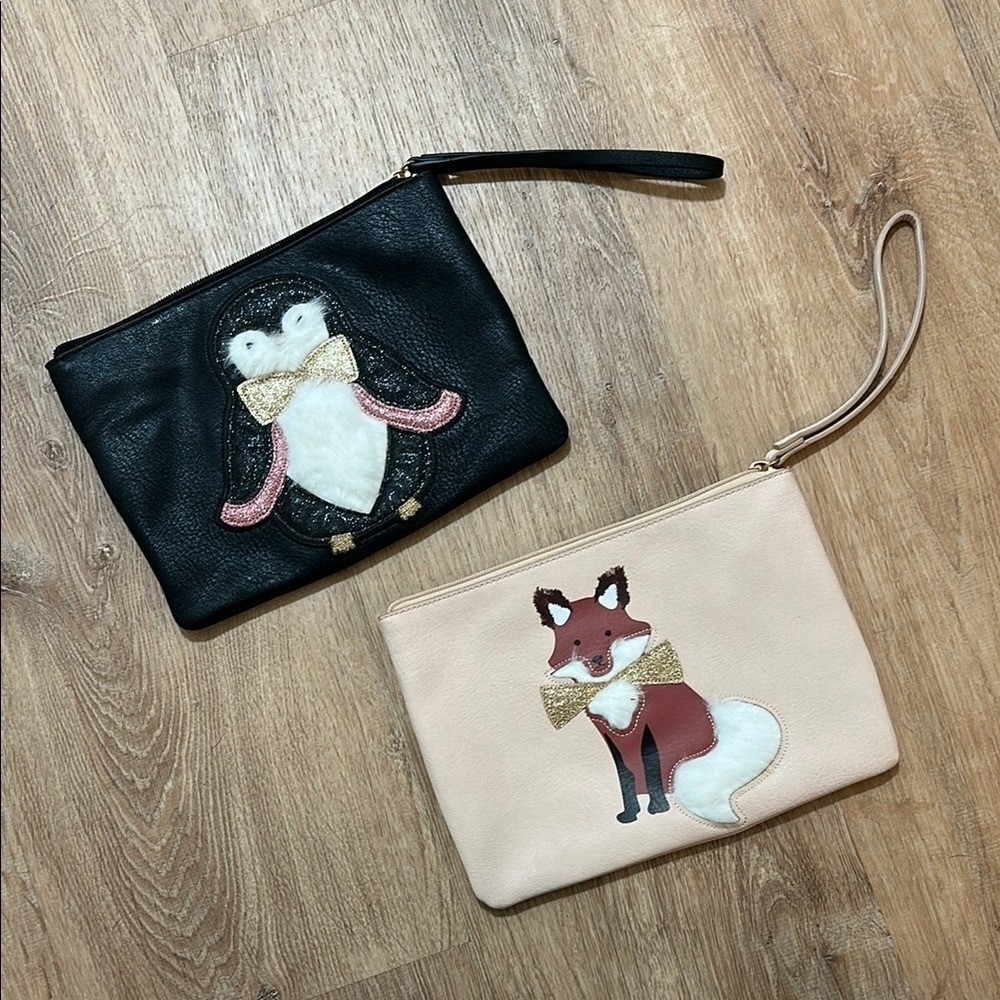 LC LAUREN CONRAD | Blush Fox and Black Penguin Wristlet Grab‎ & Go Pouch Bundle